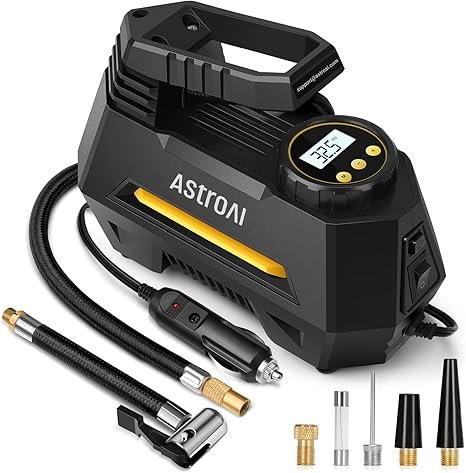 AstroAI Tire Inflator Portable Air Compressor Tire Air Pump for Car Tires - Car Accessories, 12V DC Auto Pump with Digital Pressure Gauge, Emergency LED Light for Bicycle, Balloons, Yellow - Pros and Cons