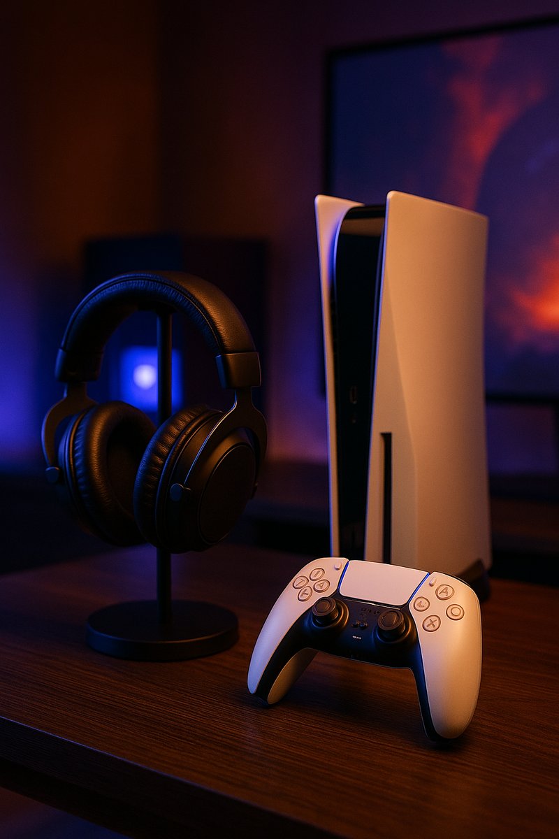 Gaming room with headset, controller, and console