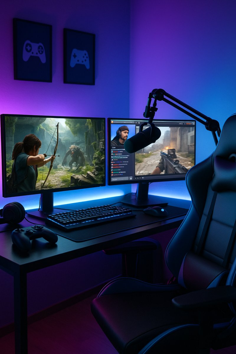 Streaming setup with dual monitors and game streams.
