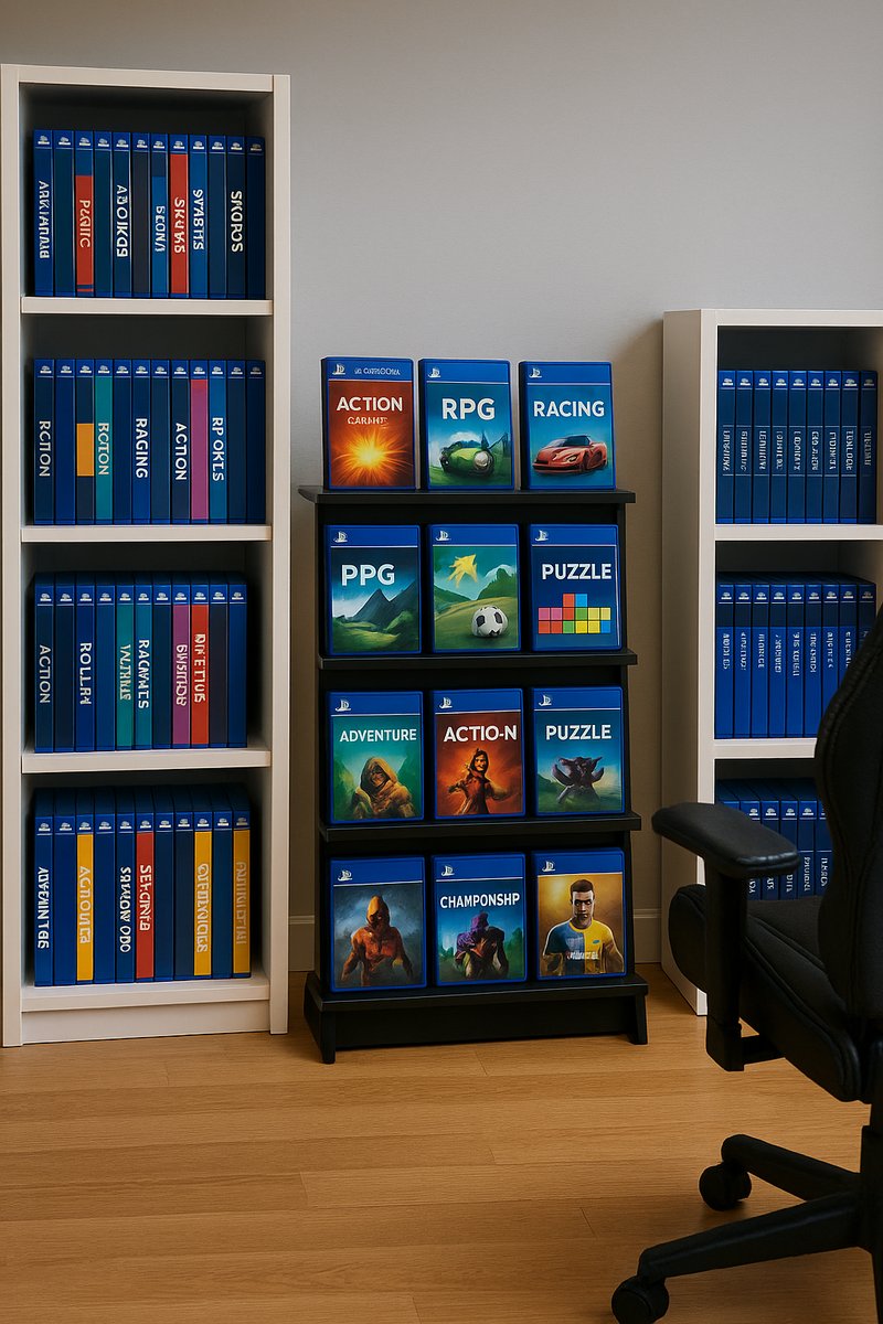 Gaming room with organized game storage.