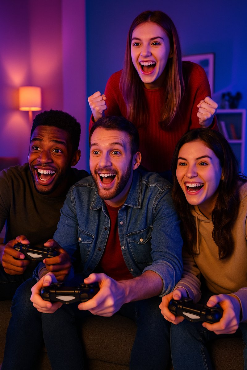 Group of friends enjoying multiplayer PlayStation game.