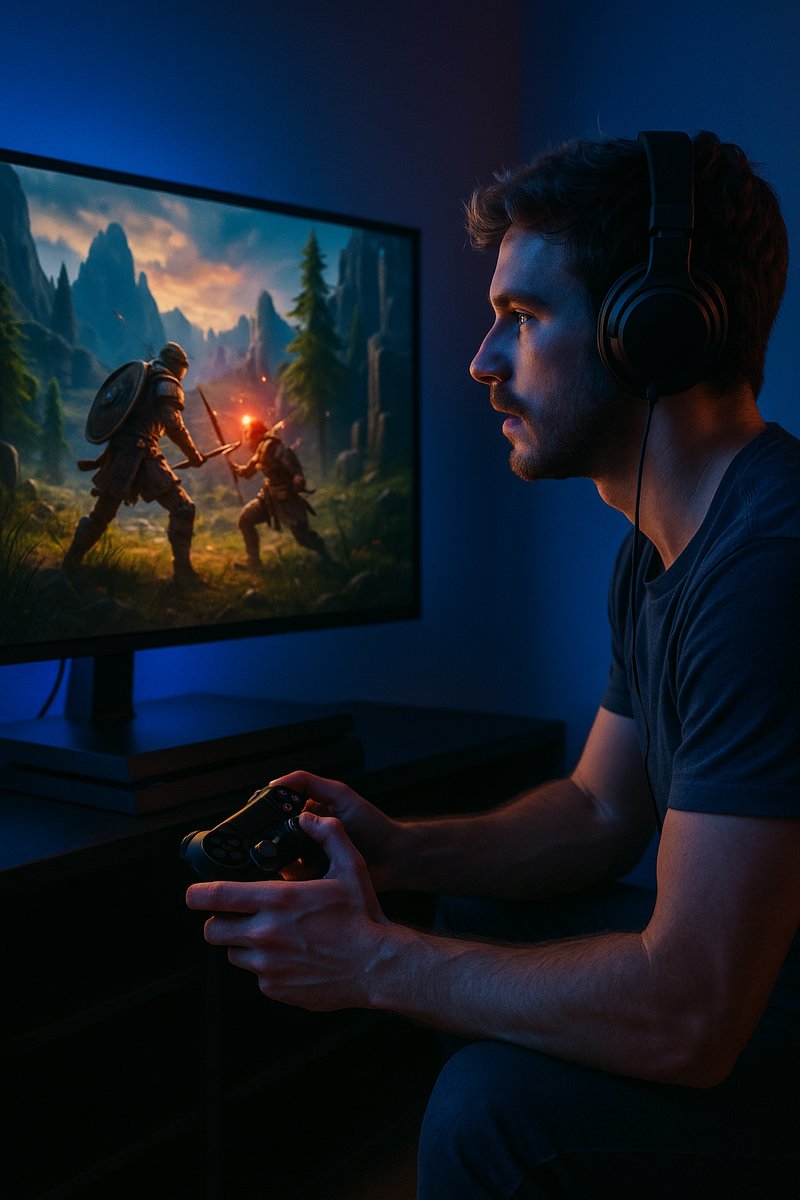 Gamer immersed in role-playing game on PlayStation.