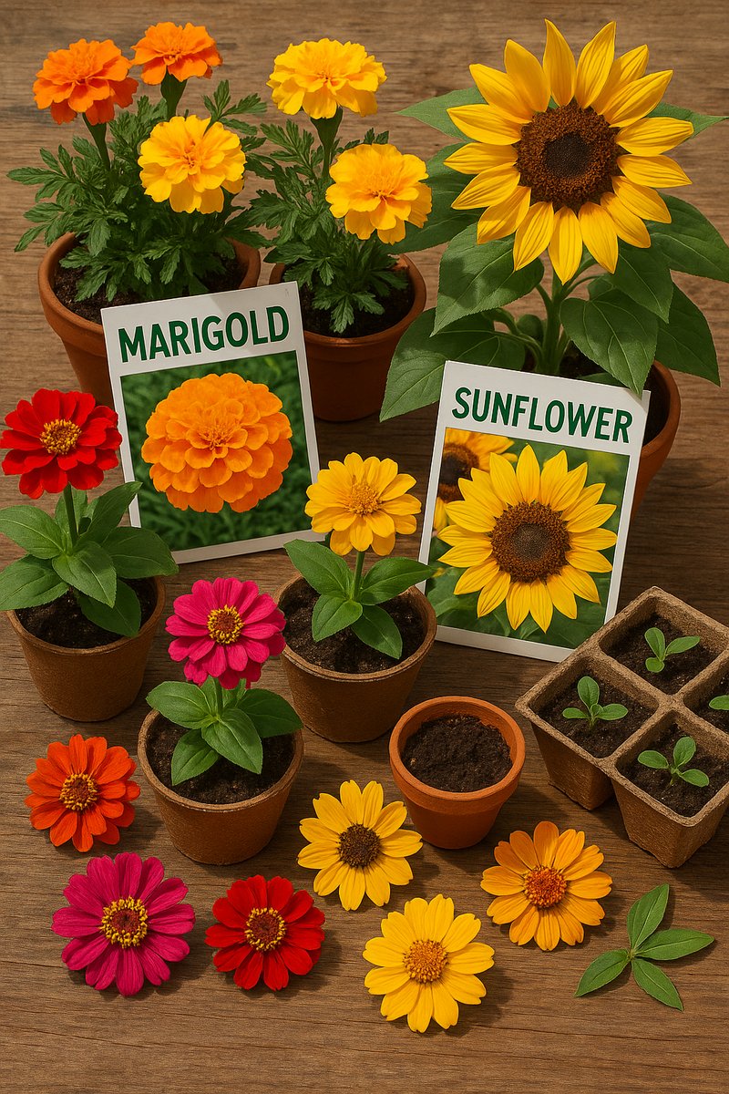 Selection of beginner plants like marigolds and sunflowers.