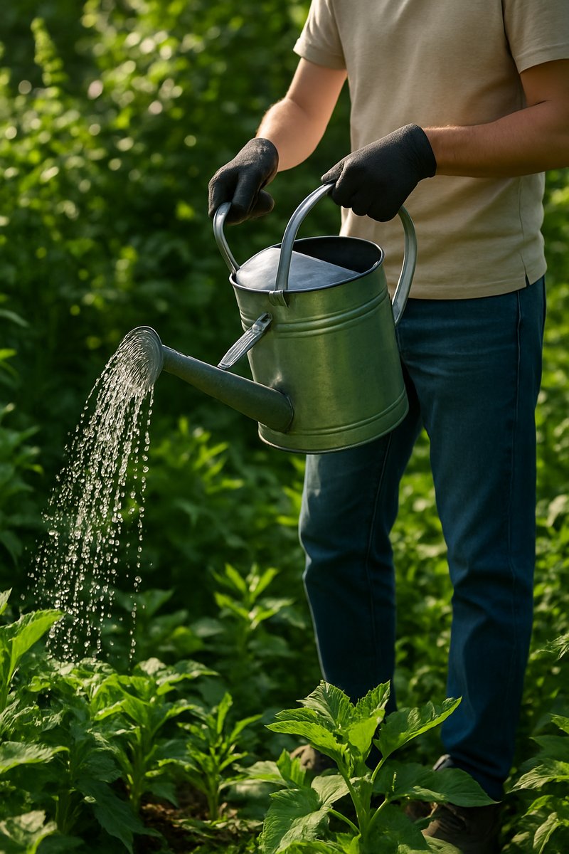 Gardener watering plants as part of maintenance routine.