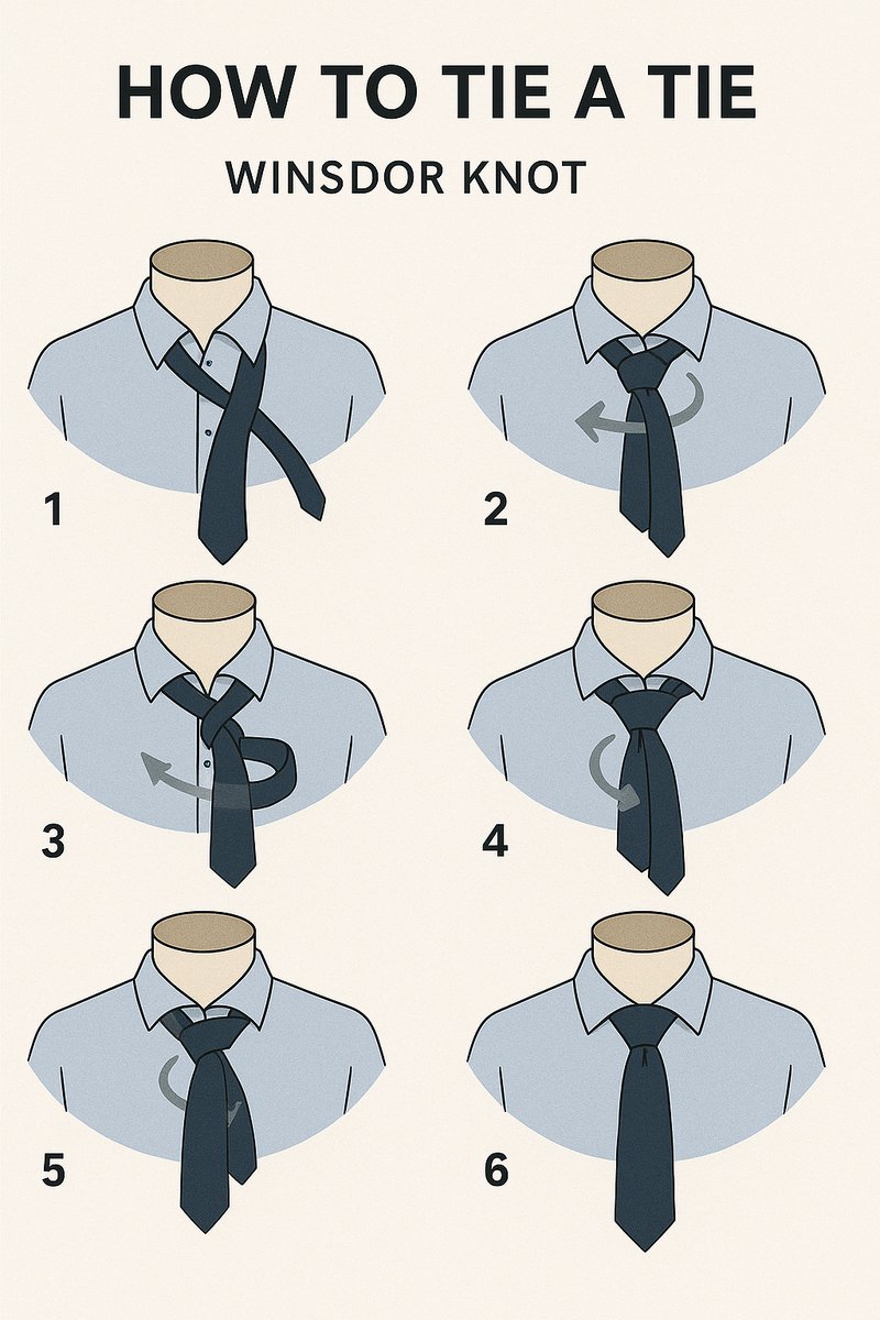 Diagram showing steps to tie a Windsor Knot on a mannequin bust.