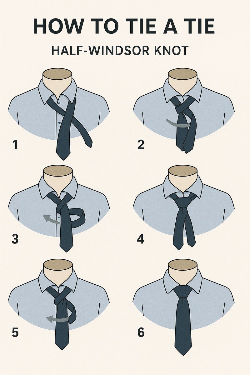 Illustrated steps for tying a Half-Windsor Knot.