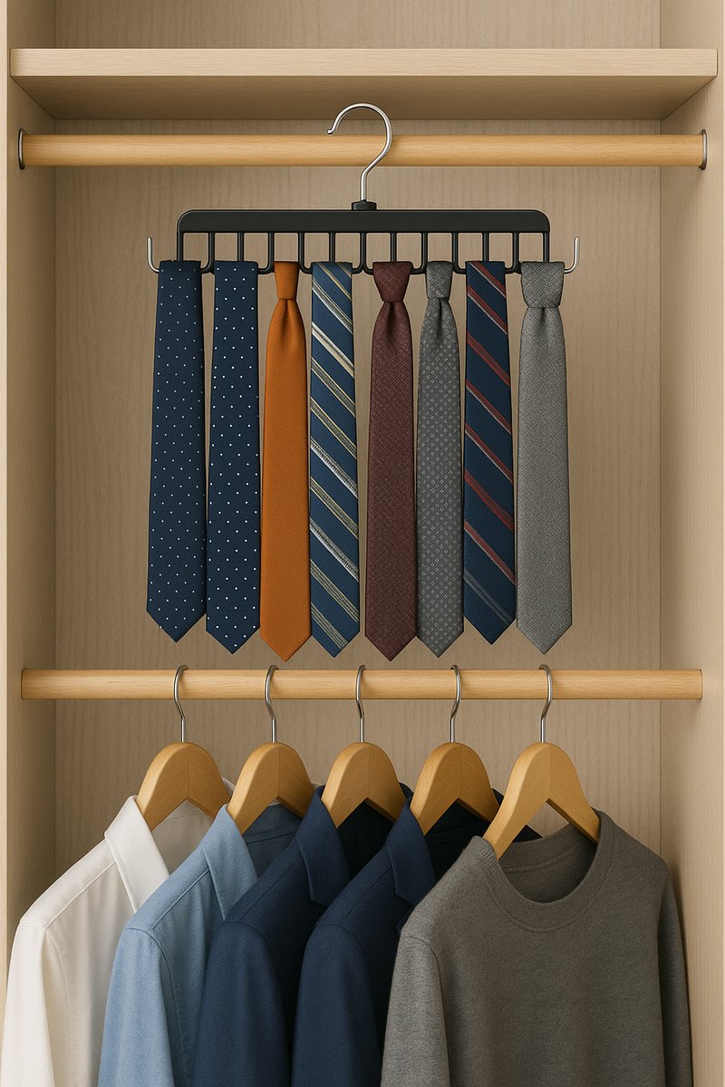 Closet with ties organized using a tie hanger.