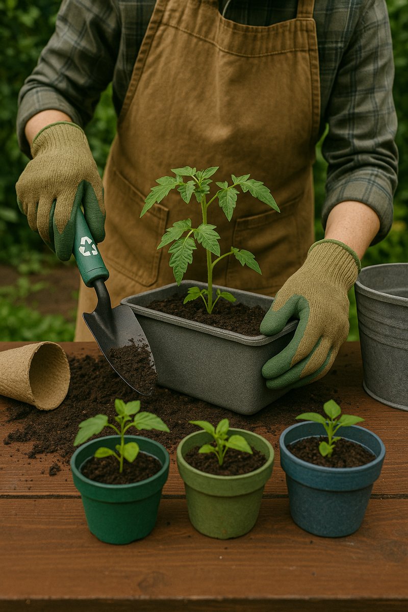Gardener using recycled plant pots and tools.