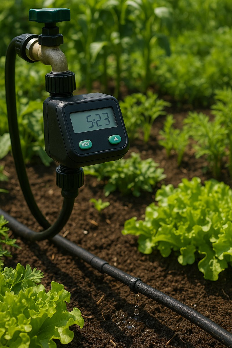 Garden with a drip irrigation system for water conservation.