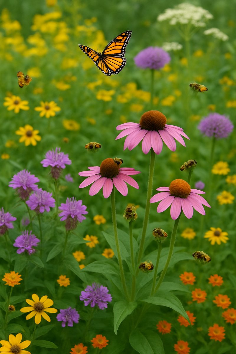 Garden with native plants attracting bees and butterflies.