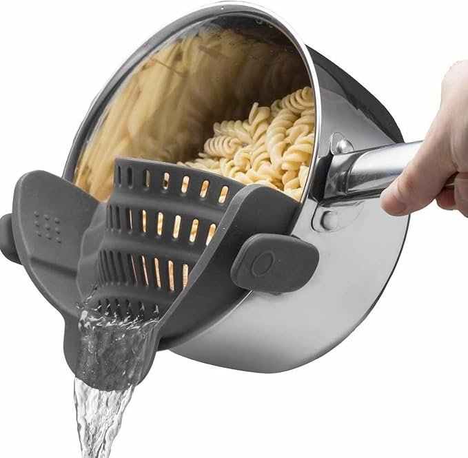 Kitchen Gizmo Snap N' Strain - Silicone Pasta Strainer Clip-On for Pots and Pans - Heat Resistant Colander for Vegetables and Noodles - Kitchen Gadgets for Cooking - Space-Saving Design - Gray - Use Cases for the Kitchen Gizmo Snap N' Strain