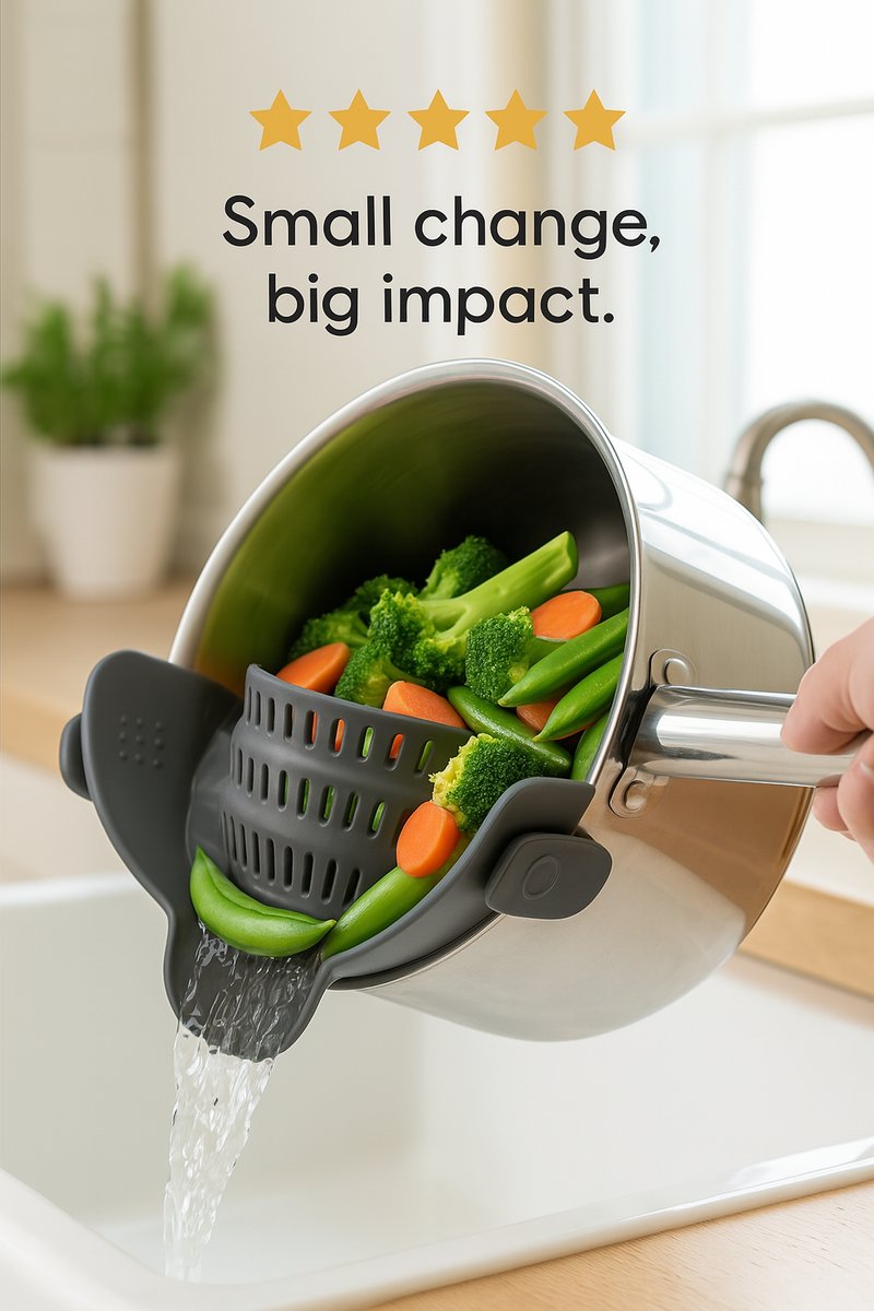 Kitchen Gizmo Snap N' Strain - Silicone Pasta Strainer Clip-On for Pots and Pans - Heat Resistant Colander for Vegetables and Noodles - Kitchen Gadgets for Cooking - Space-Saving Design - Gray additional view