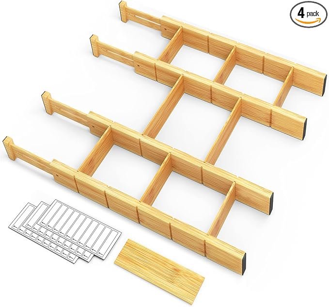 SpaceAid Bamboo Drawer Dividers with Inserts and Labels, Kitchen Adjustable Drawer Organizers, Expandable Organization for Home, Office, Dressers, 4 Dividers with 9 Inserts (17