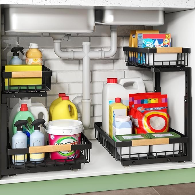 Under Sink Organizer, 2 Packs 2 Tier Under Sink Organizers and Storage, Slide Out Pull Out Cabinet Organizer Shelf, Metal Sliding Drawer for Kitchen Bathroom Pantry Cabinet Closet Organization Rack - Pros and Cons