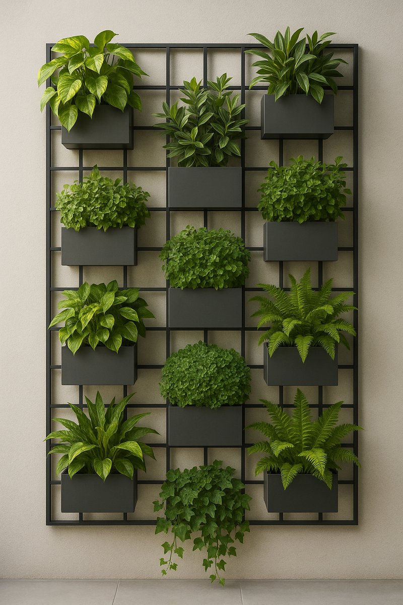 Modern vertical garden on a wall with lush plants.