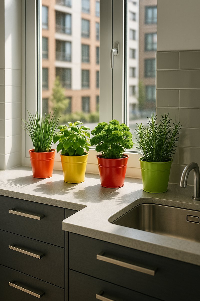 Indoor windowsill herb garden in a modern kitchen.