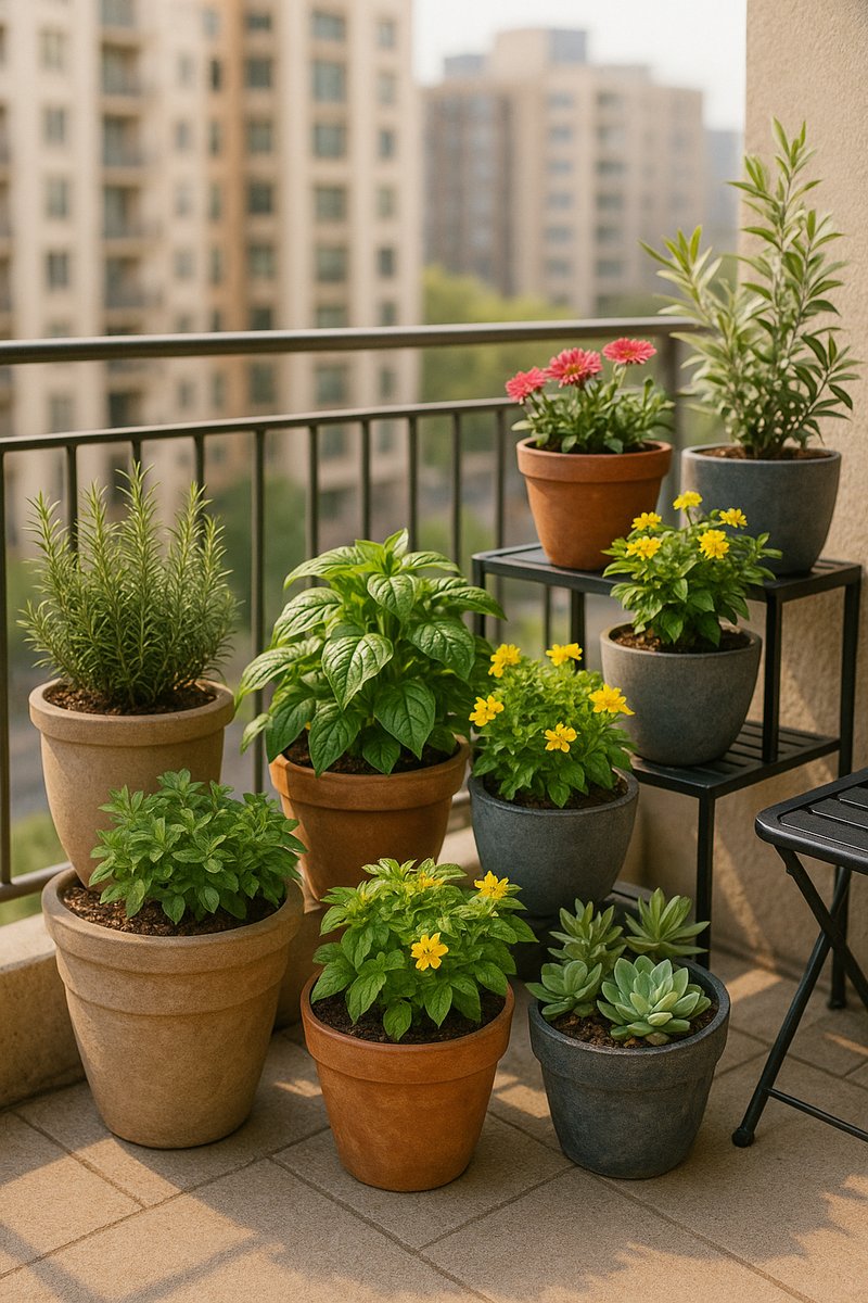 A variety of plants in containers on an urban balcony.